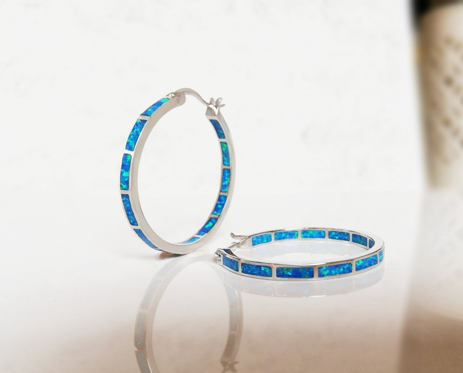 Blue Opal Hoop Earrings Fire Opal Huggies Opal Hoops Silver Stainless Steel Both Sided New