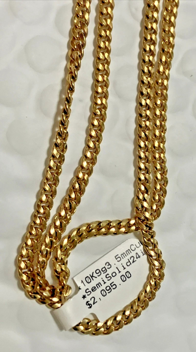 10kt Real Gold Cuban Link Semi-Solid Chain 9grams 3.5mm 24” EG Brand NWT 10K
