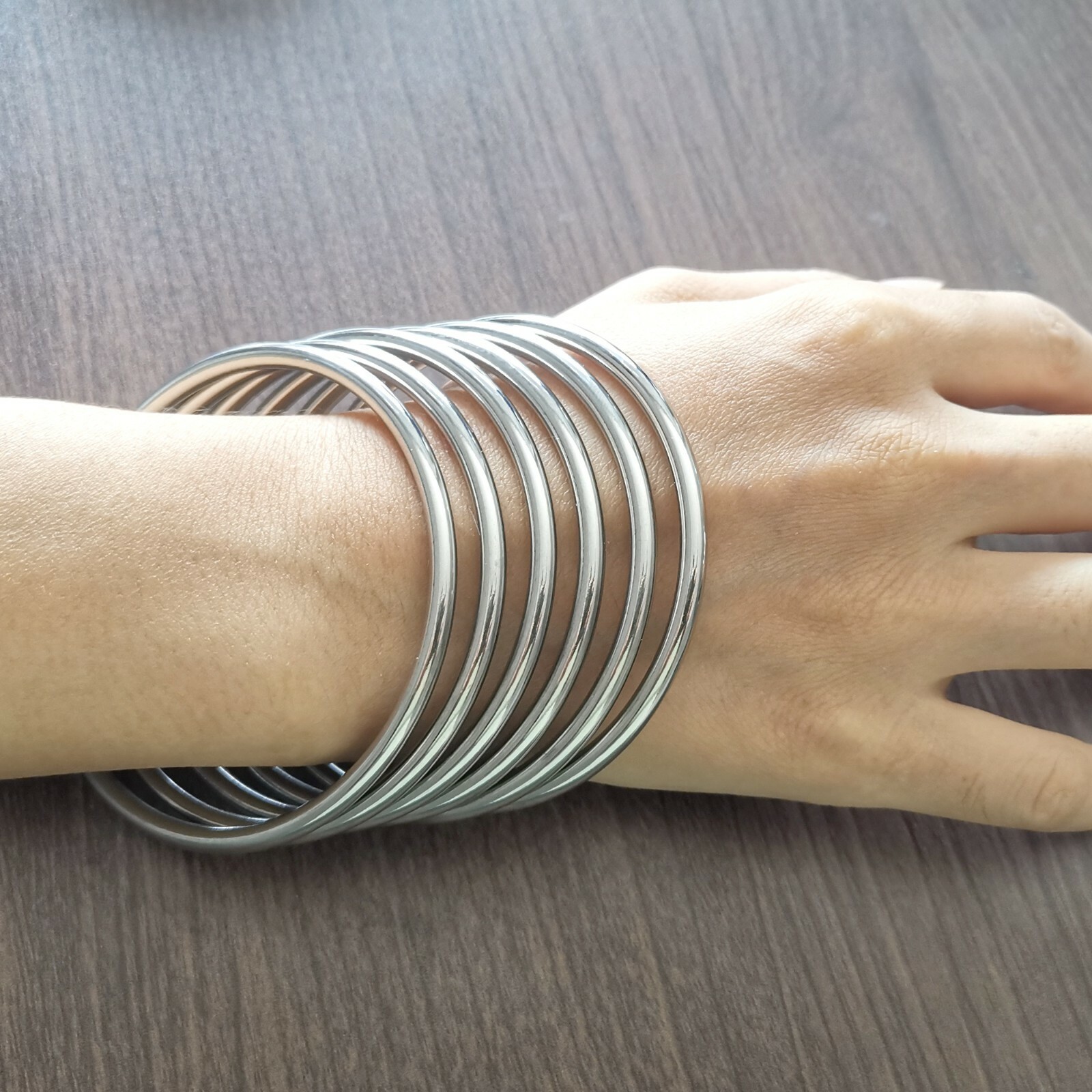 6pcs/Set Fashion Womens 68mm Stainless Steel Multi-tone 4mmCharm Bangle Bracelet