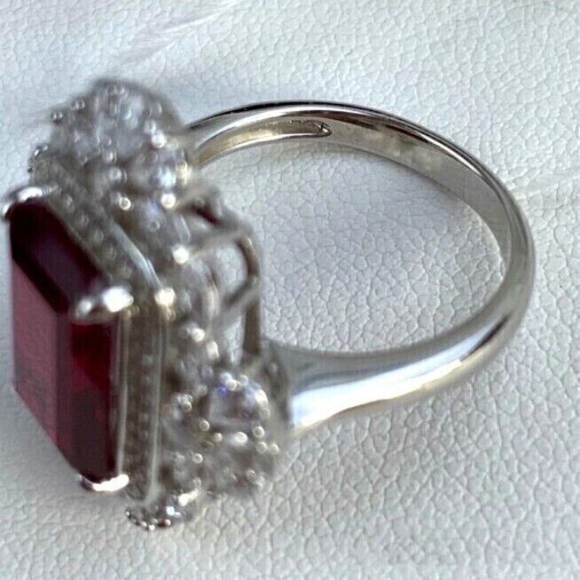 3Ct Emerald Cut Simulated Ruby & Diamond Engagement Ring 14K White Gold Plated