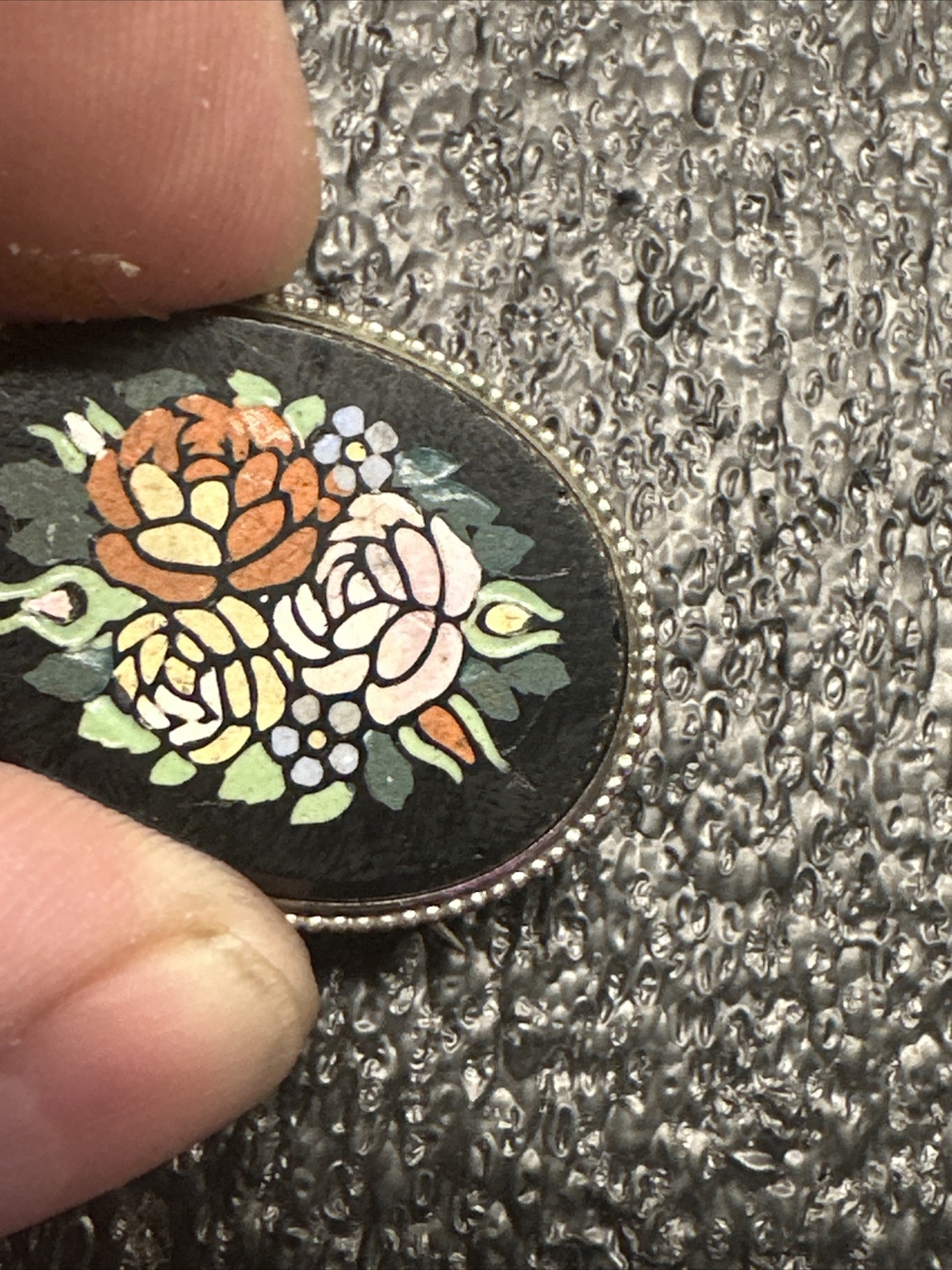 Antique Pietra dura inlay stone victorian brooch As Is