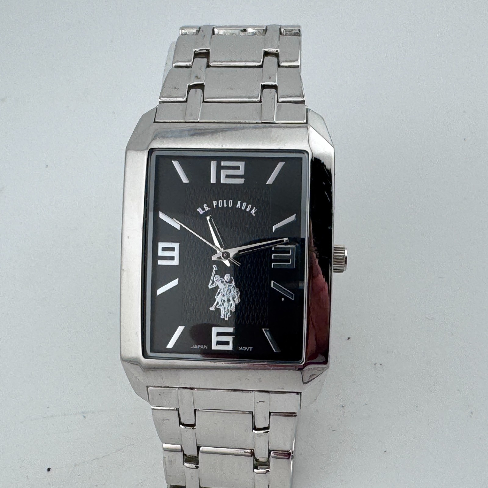 U.S. Polo Assn. Quartz Watch Men Silver Black Rectangle Japan Analog New Battery