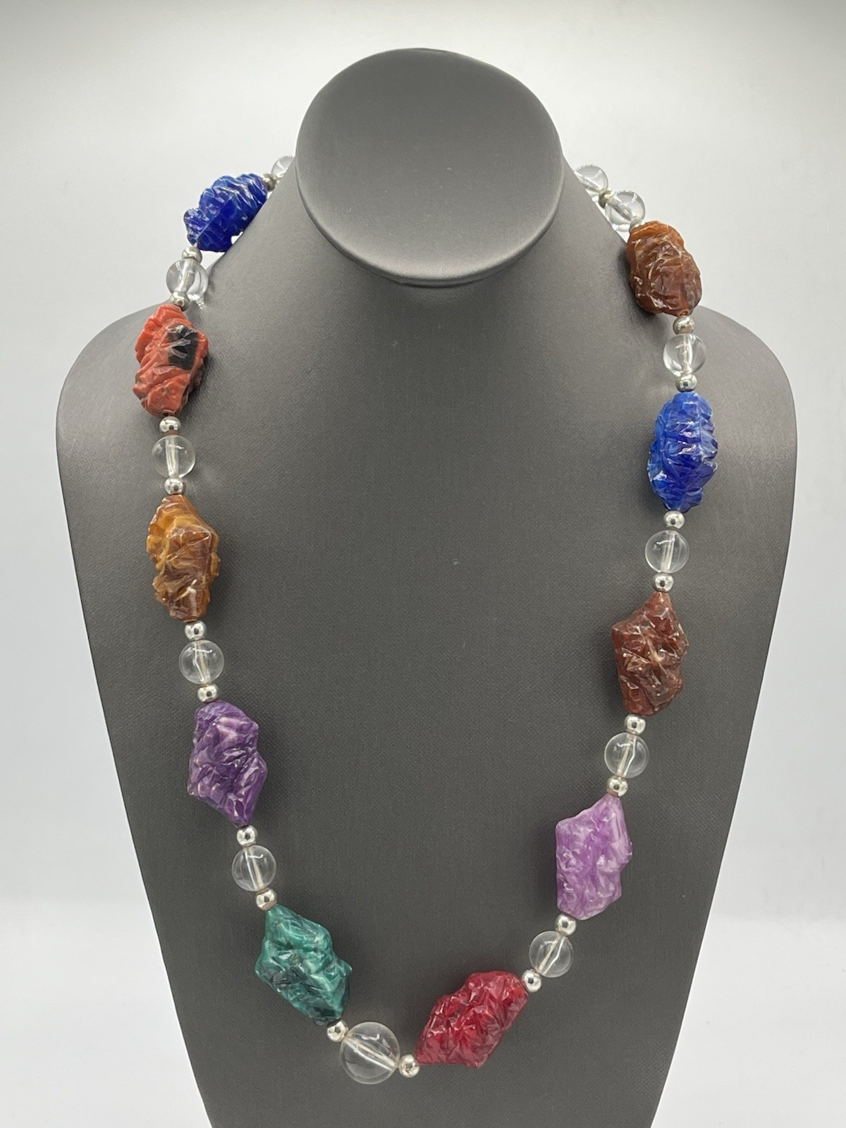 Vintage Lucite Acrylic Plastic Fantastic Nugget Necklace Silver-tone 27”