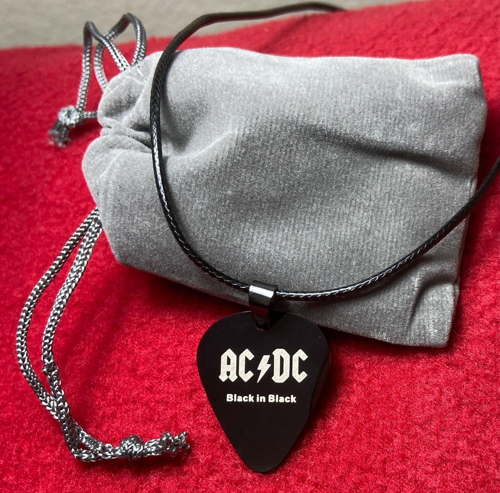 [NEW] ACDC Guitar Pick Necklace Black Stainless Steel Rock Band Jewelry w/ Pouch