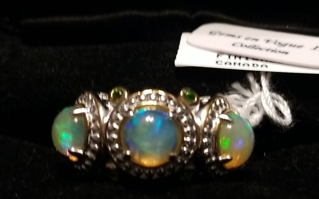 “NEW” Gems En Vogue Opal Ring, 3 Stone Ethiopian Opal Ring, Sterling 925 Size 5