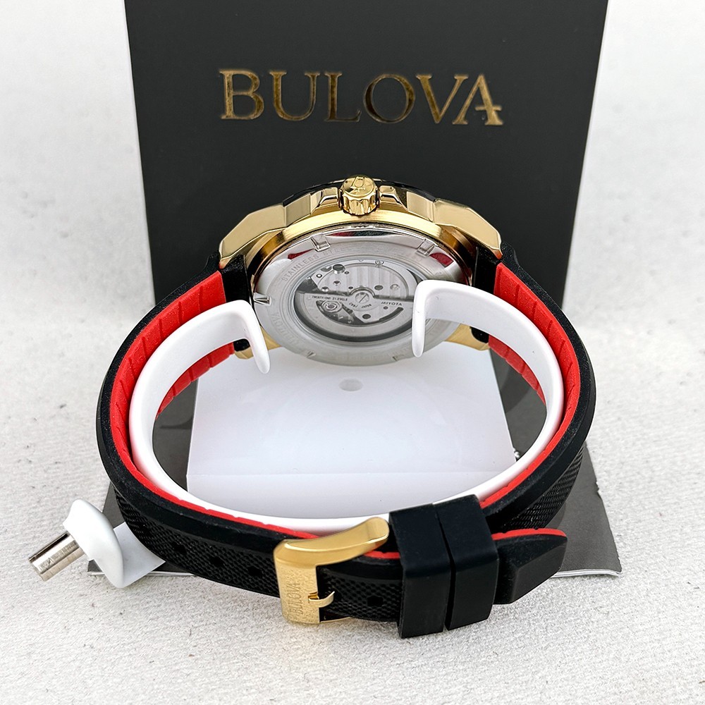 Bulova Men’s Marine Star Black Gold Dial Rubber Strap Automatic Watch 98A272