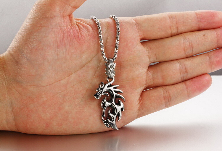 Dragon Flame Necklace for Men or Women Stainless Steel Gothic Biker Ginger Ly…