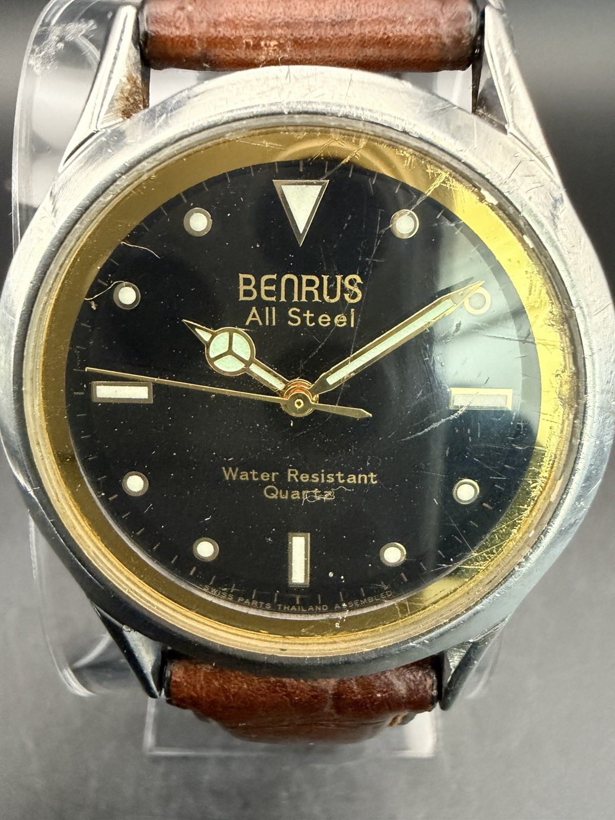 Benrus All Steel Black Dial Gold Accents Silver Case Leather Strap New Battery