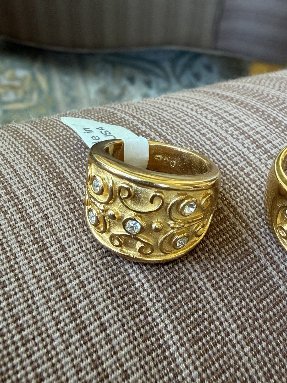 Vintage Gold Plated Wide Band Ring Sz 7 Scrolls Etruscan Revival Estate USA Made
