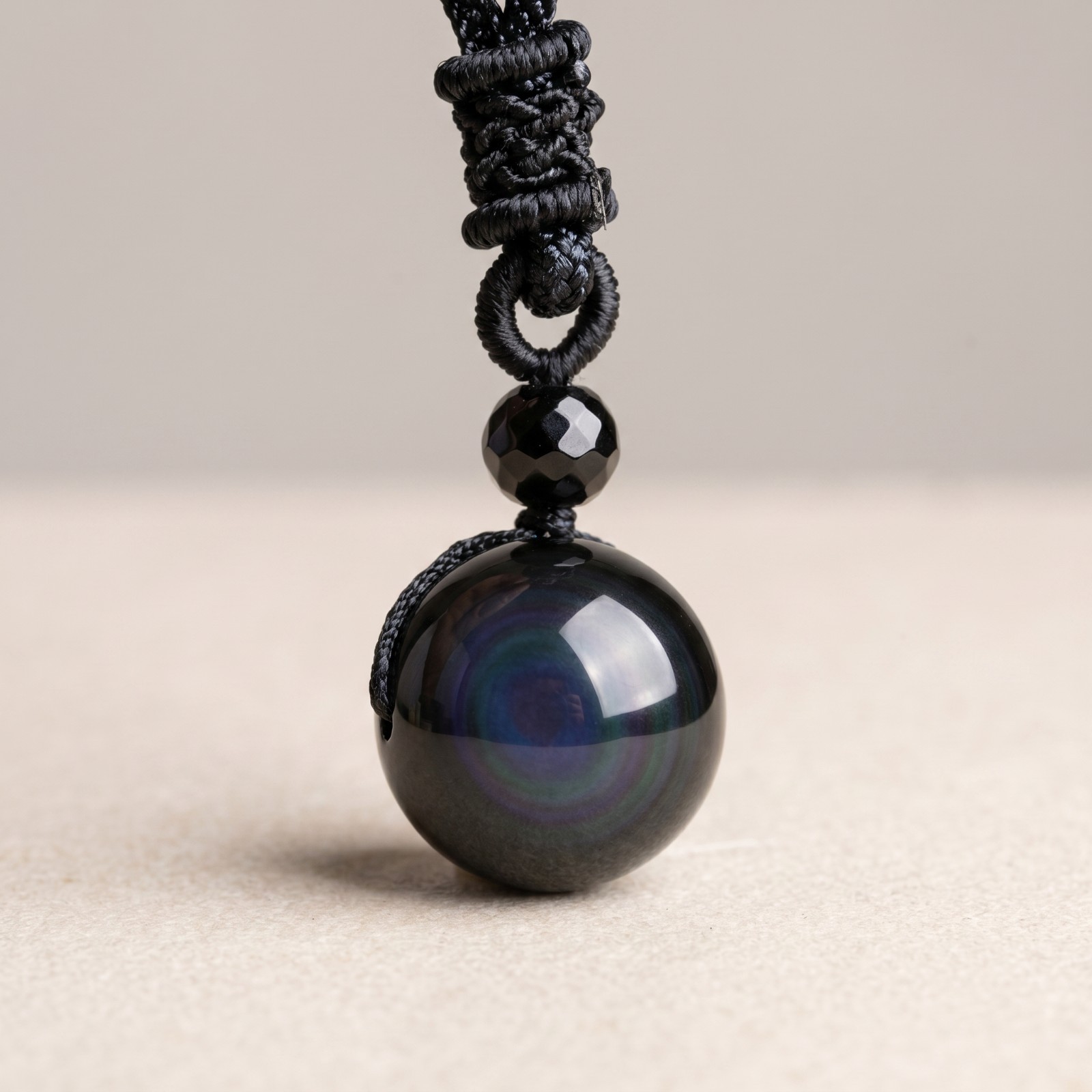 Natural Rainbow Obsidian Pendant 16mm Round Bead Adjustable Cord Negative Energy