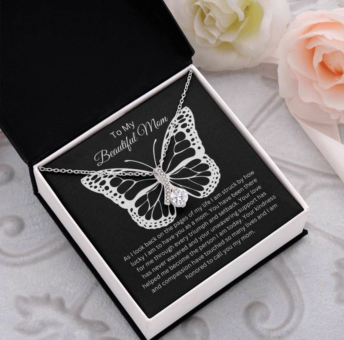 TO MY BEAUTIFUL MOM NECKLACE SOFT BOX GIFT HOLIDAY BIRTHDAY MOTHER’S DAY GIFT