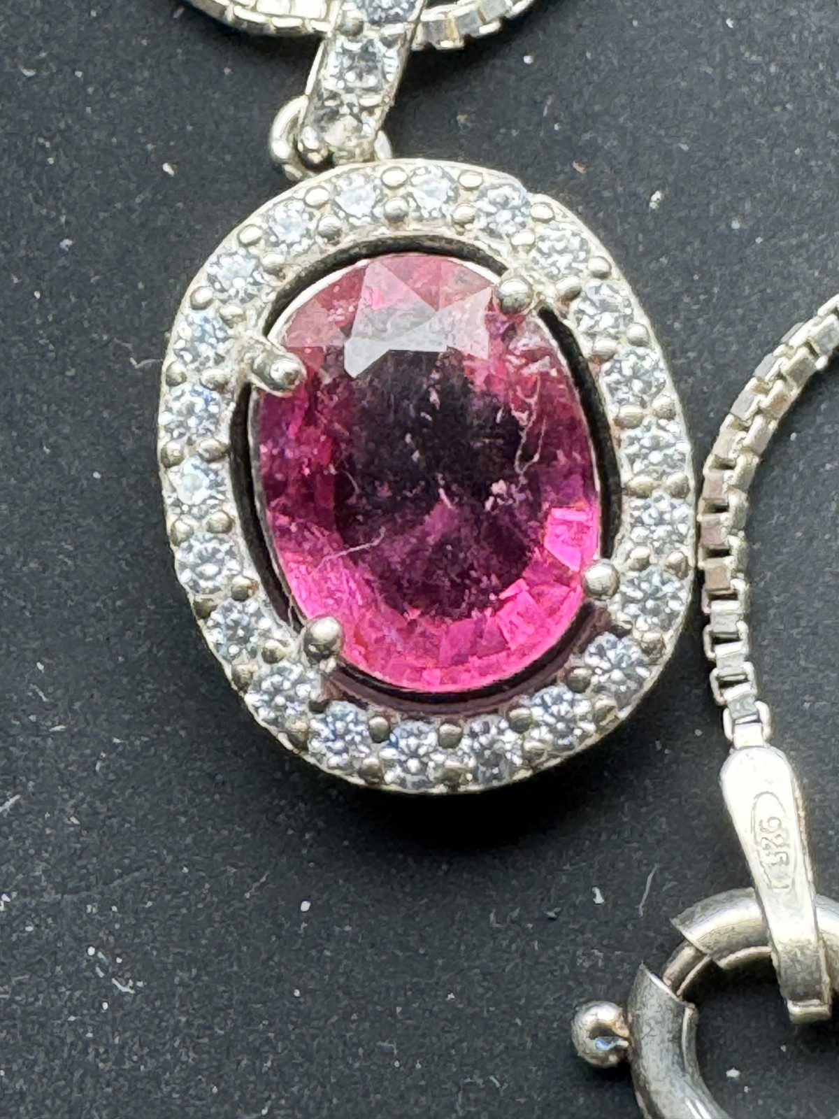 Rich Purple Pink RUBELLITE PENDANT NECKLACE. 0.925 Silver, 1.67 Carat Oval. SI