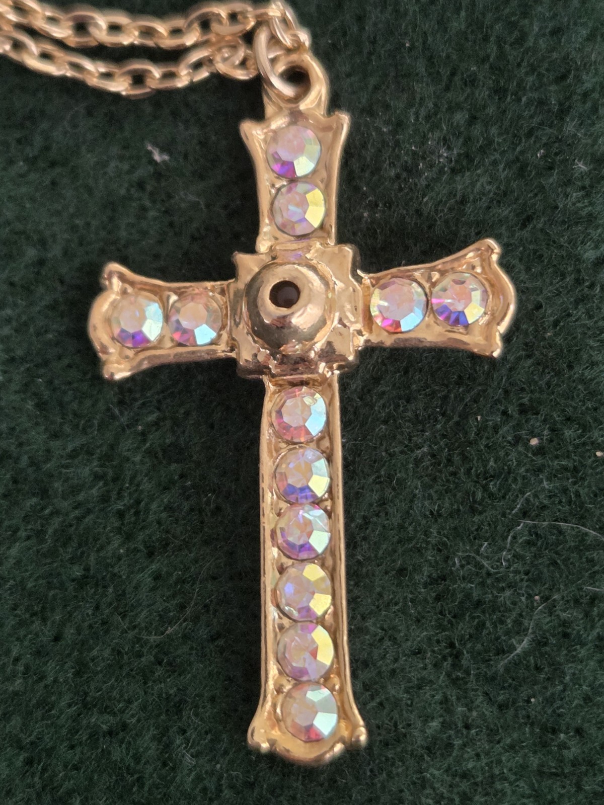 New Vintage Cross Necklace Gold Iridescent Rhinestone 40x24mm Pendant 46cm Chain