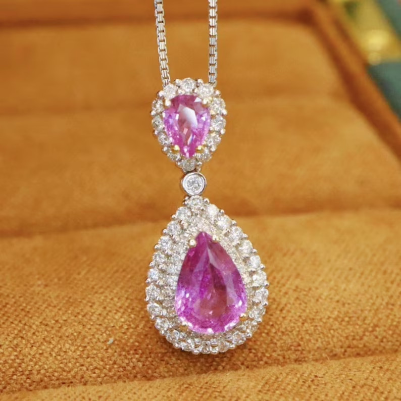 6.00Ct Pear cut Natural Pink Sapphire & Diamond Solid 14K White Gold Pendant
