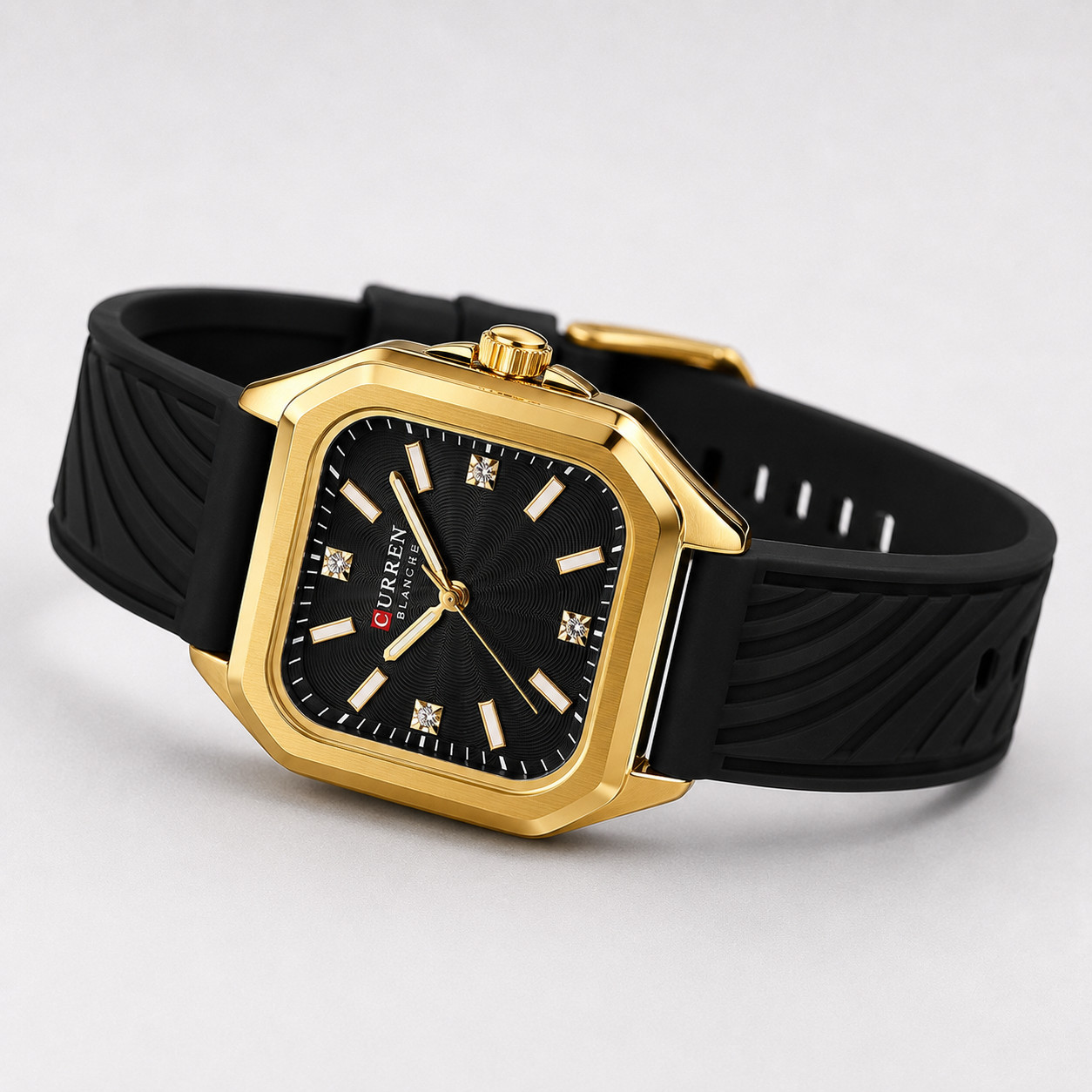 CURREN Womens Black Silicone Watch Gold Square Case Quartz 3ATM