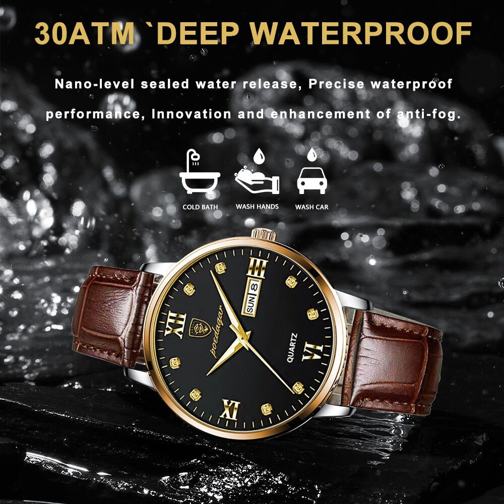 Leather Men’s Watch Luxury Watch Men Waterproof Watches Quartz Wristwatches +BOX