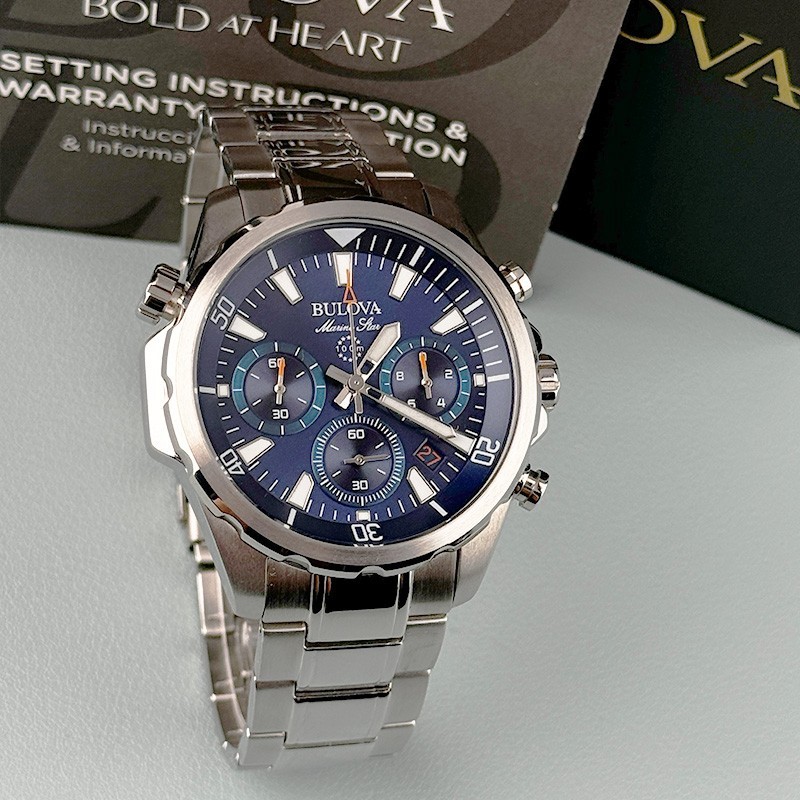 Bulova Marine Star 96B256 Blue Dial 6-Hand Chronograph Men’s Watch 43MM