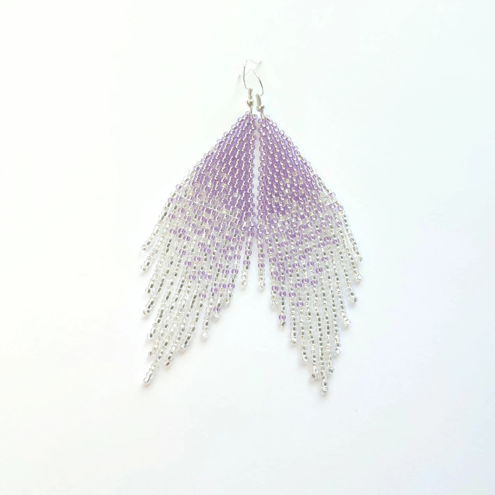 Ombre Beaded Fringe Earrings: Purple Silver Boho Dangle Jewelry