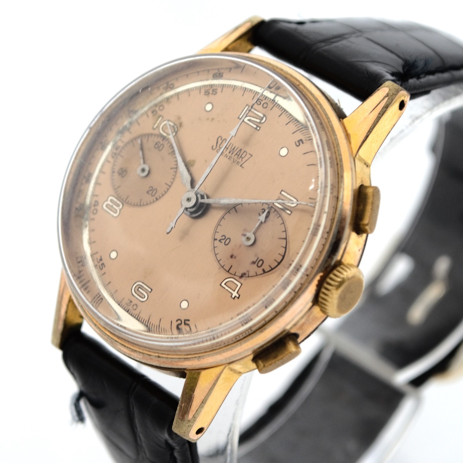 Vintage Schwarz Geneve Chronograph Salmon Dial Gold Plated Manual 35mm 1950s