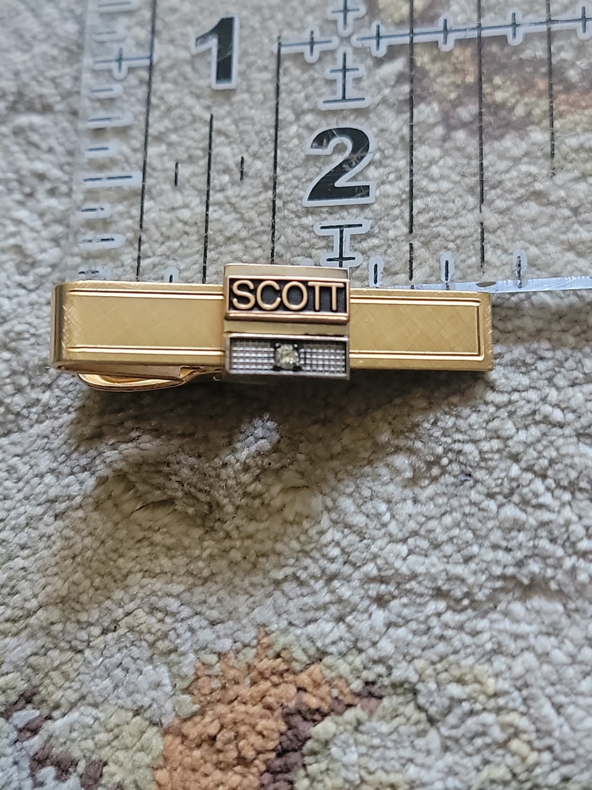 1.5″ Scott Neck Tie Bar 1/20 12K Gold Filled 10K Emblem & Diamond Front Plate
