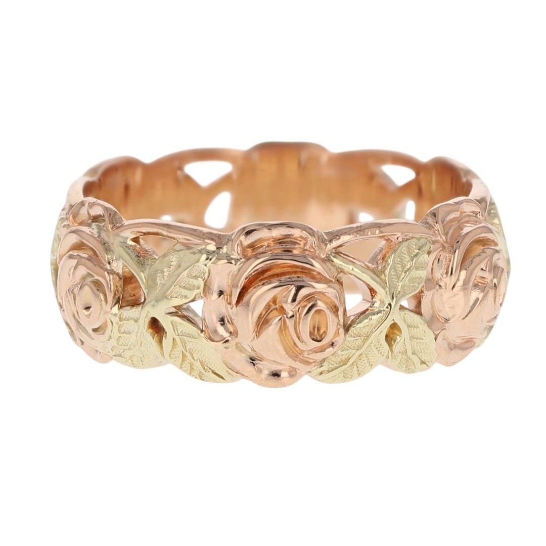 8.7mm Sculpted Rose Flower Vine Band Ring 14k Multi-Tone Gold 9.83g Size 10.5