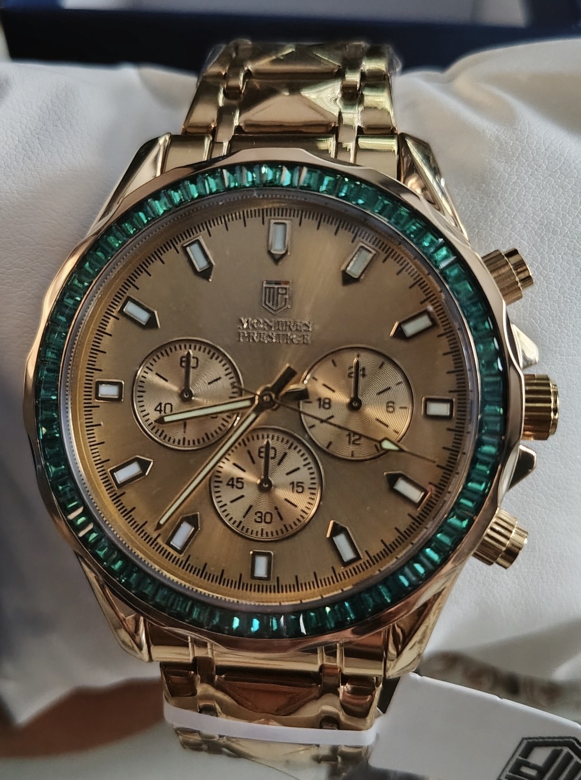 Montres Prestige by Invicta MPW-0340 45mm Gold Dial Green Bezel Crystal New