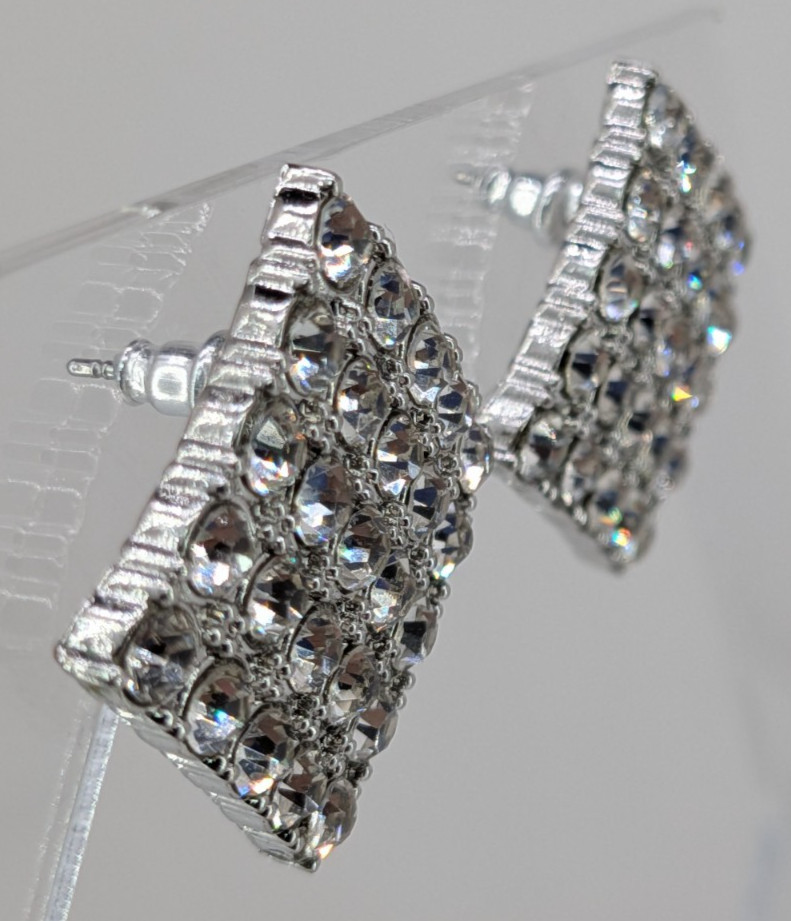 Vintage Rhinestone Stud Earrings Silver Tone Diamond Square Pave 15/16in Clear