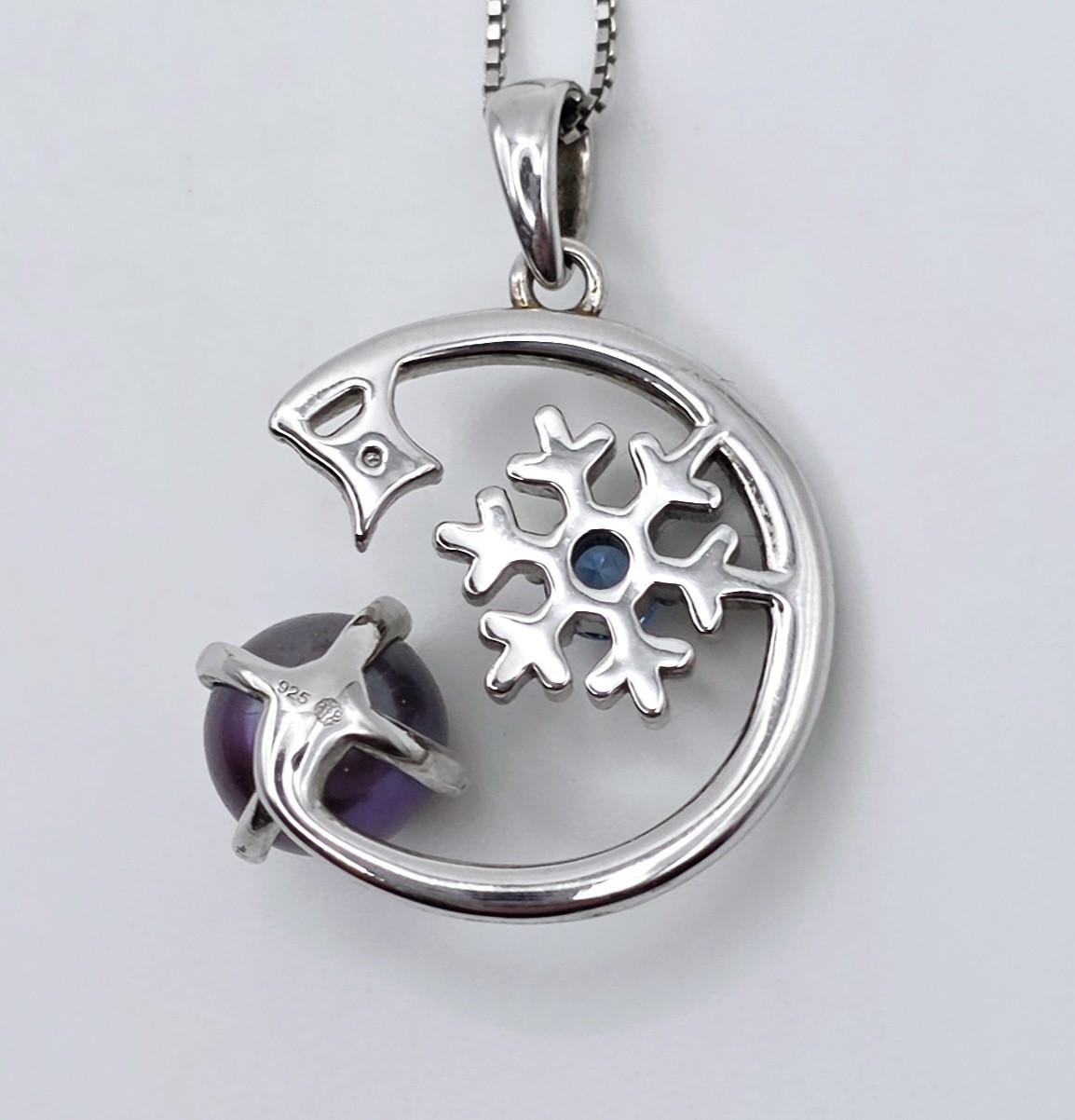 925 Sterling Silver Blue Topaz Pearl Celestial Crescent Moon Snowflake Necklace