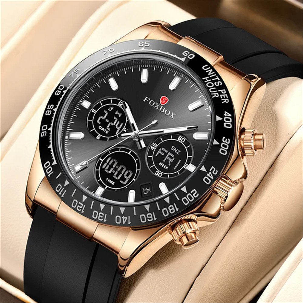LIGE FOXBOX Men Quartz Watches Silicone Chronograph Digital Sport Wristwatch