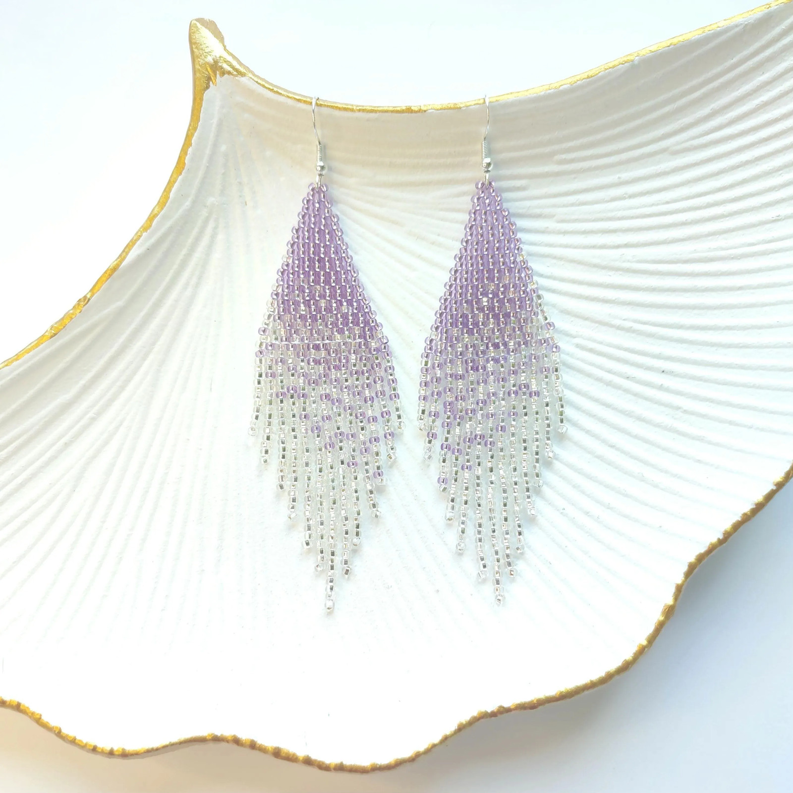 Ombre Beaded Fringe Earrings: Purple Silver Boho Dangle Jewelry