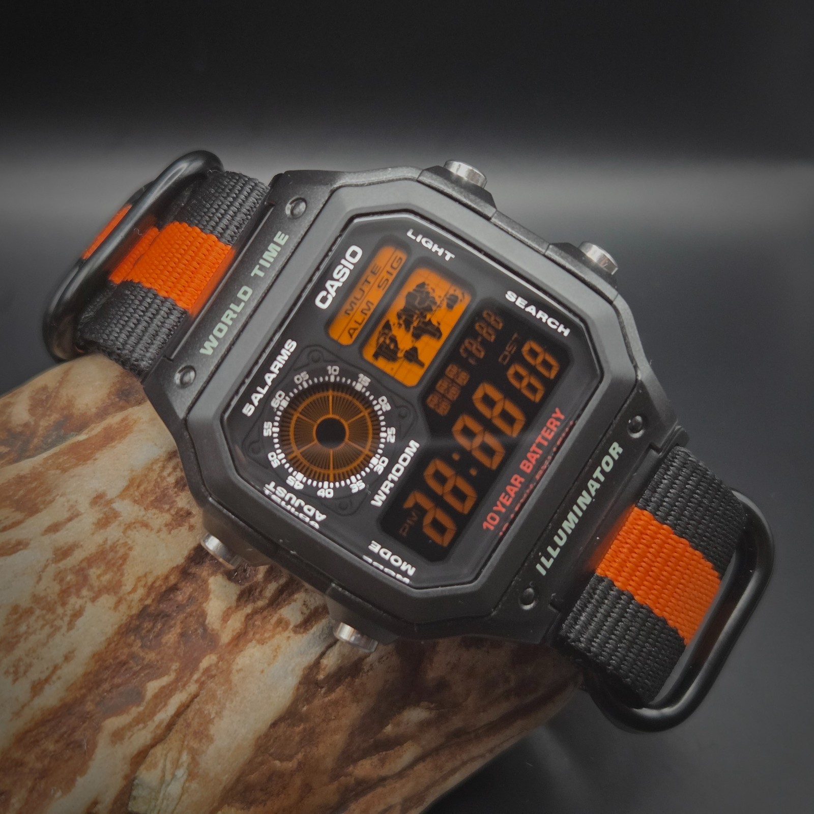CASIO AE-1200WHD. Royale World Time Watch Mod. Orange Digits Negative. Hydromod.