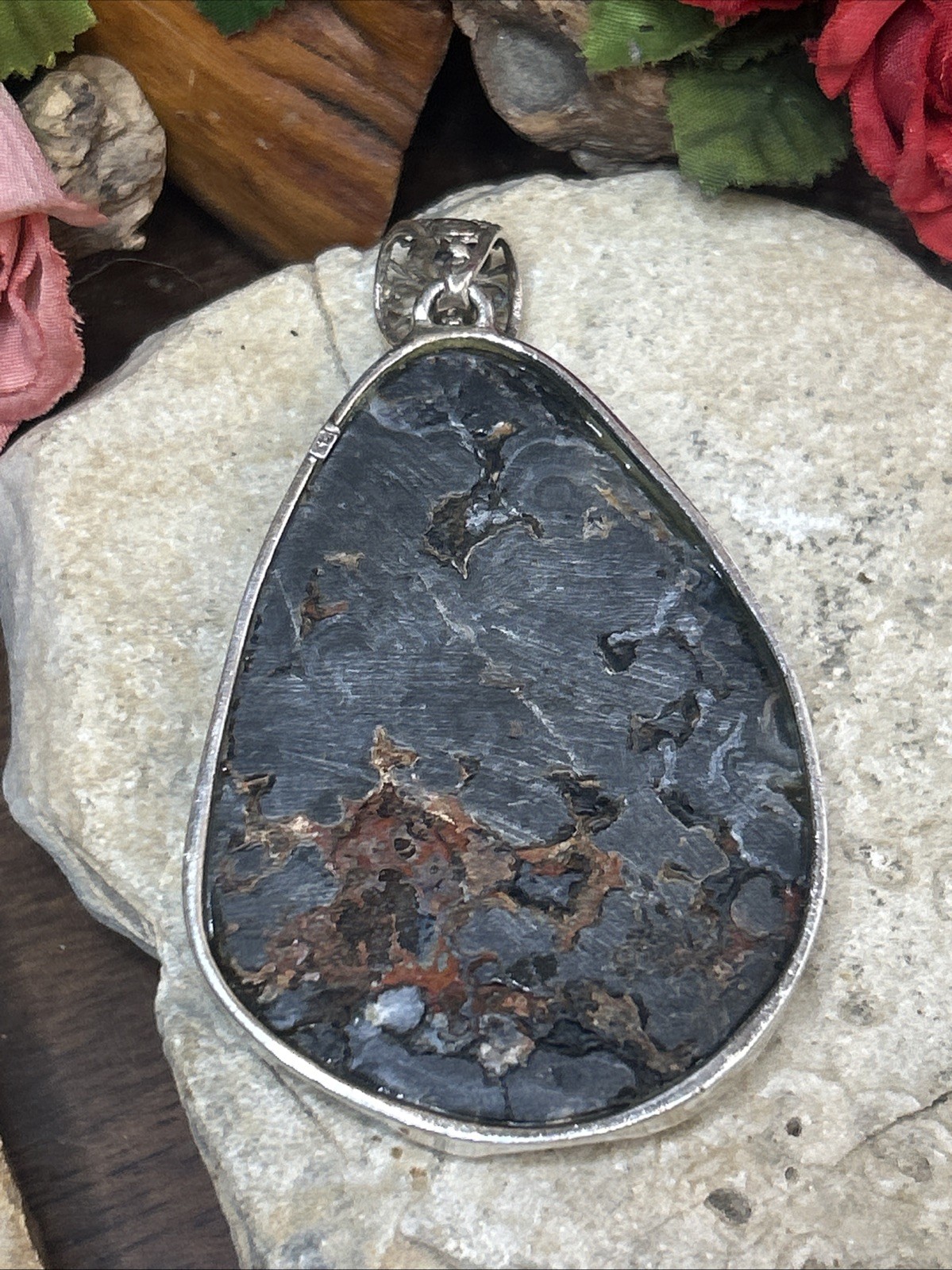 57. Vintage 925 Sterling Desert Chalcedony Druzy Crystal Pendant 85mm, 58.4g