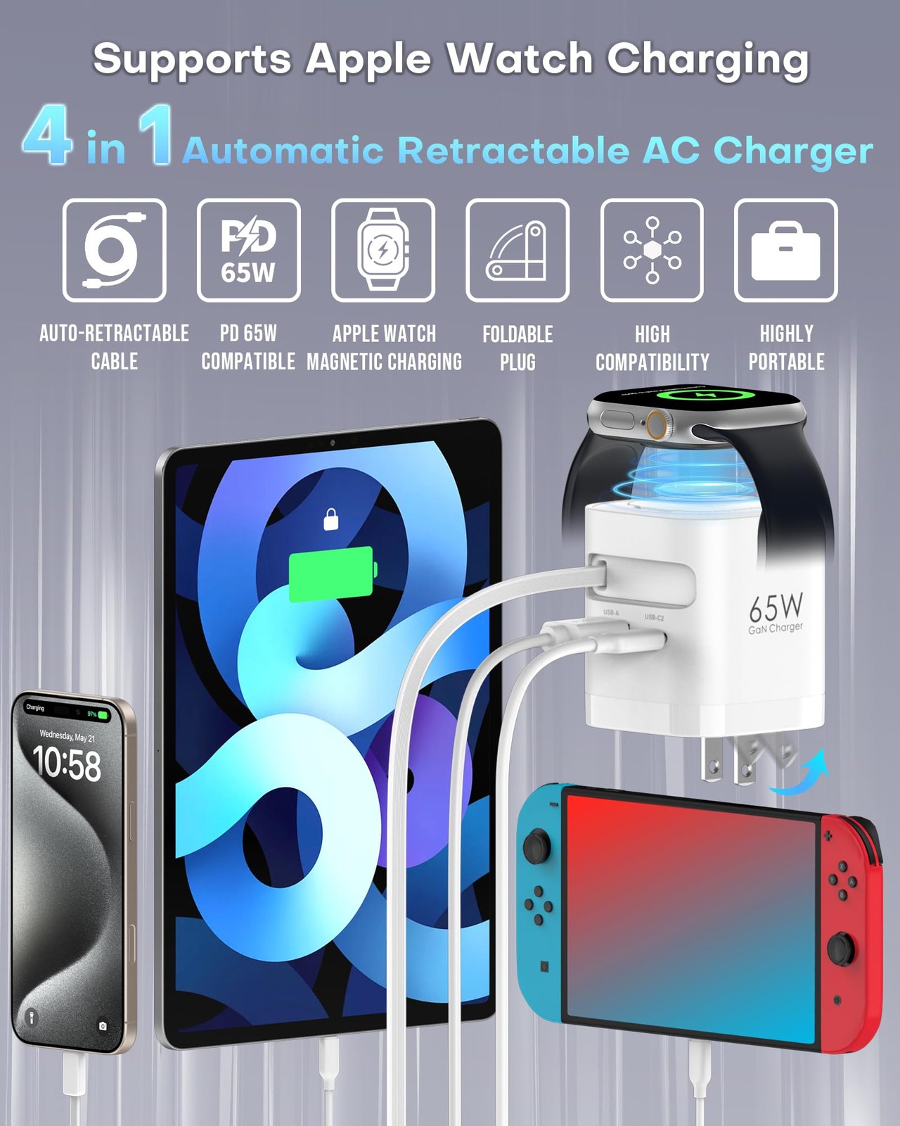 for Apple Watch Charger, 65W Retractable USB-C Wall Charger with Foldable Plu…