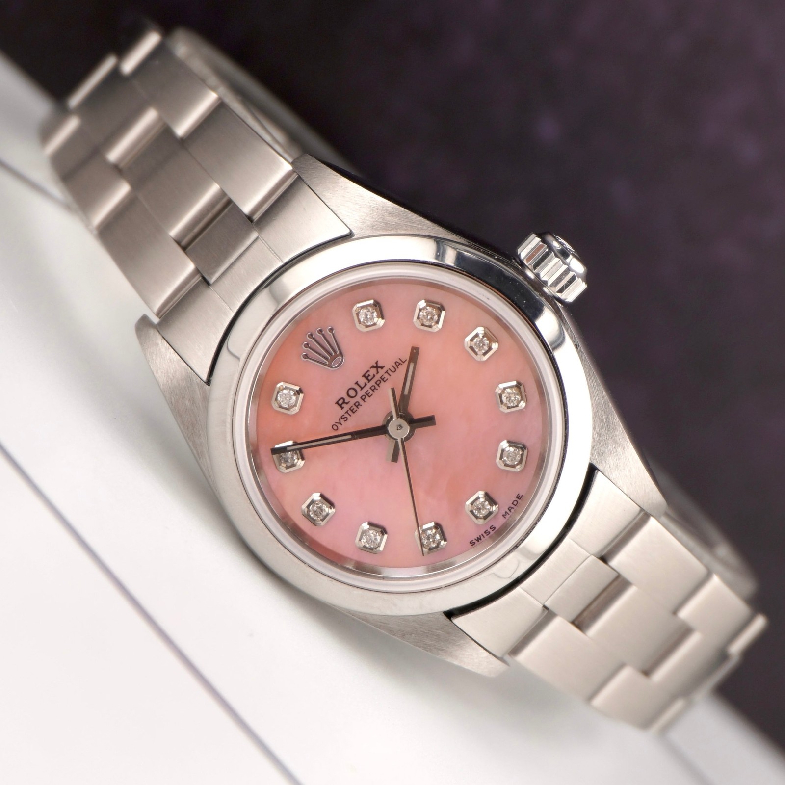 Rolex Oyster Perpetual 25mm Steel Pink MOP Diamond Smooth Oyster Watch 67180