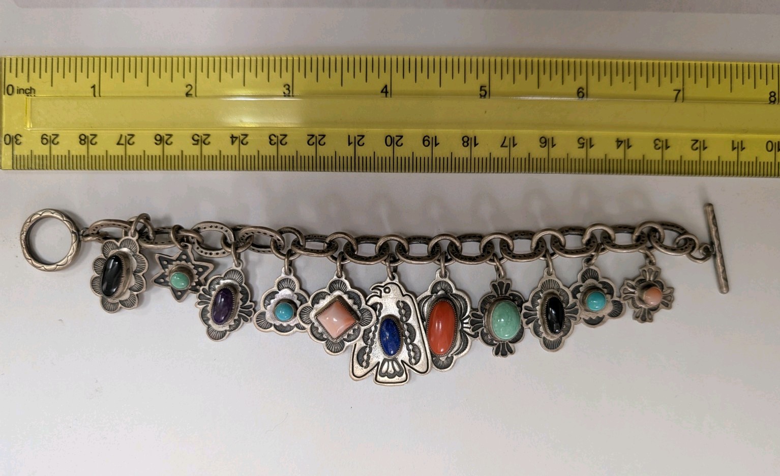 Don Lucas Sterling Silver Multi Stone Charm Bracelet Toggle Clasp 46.4 Grams
