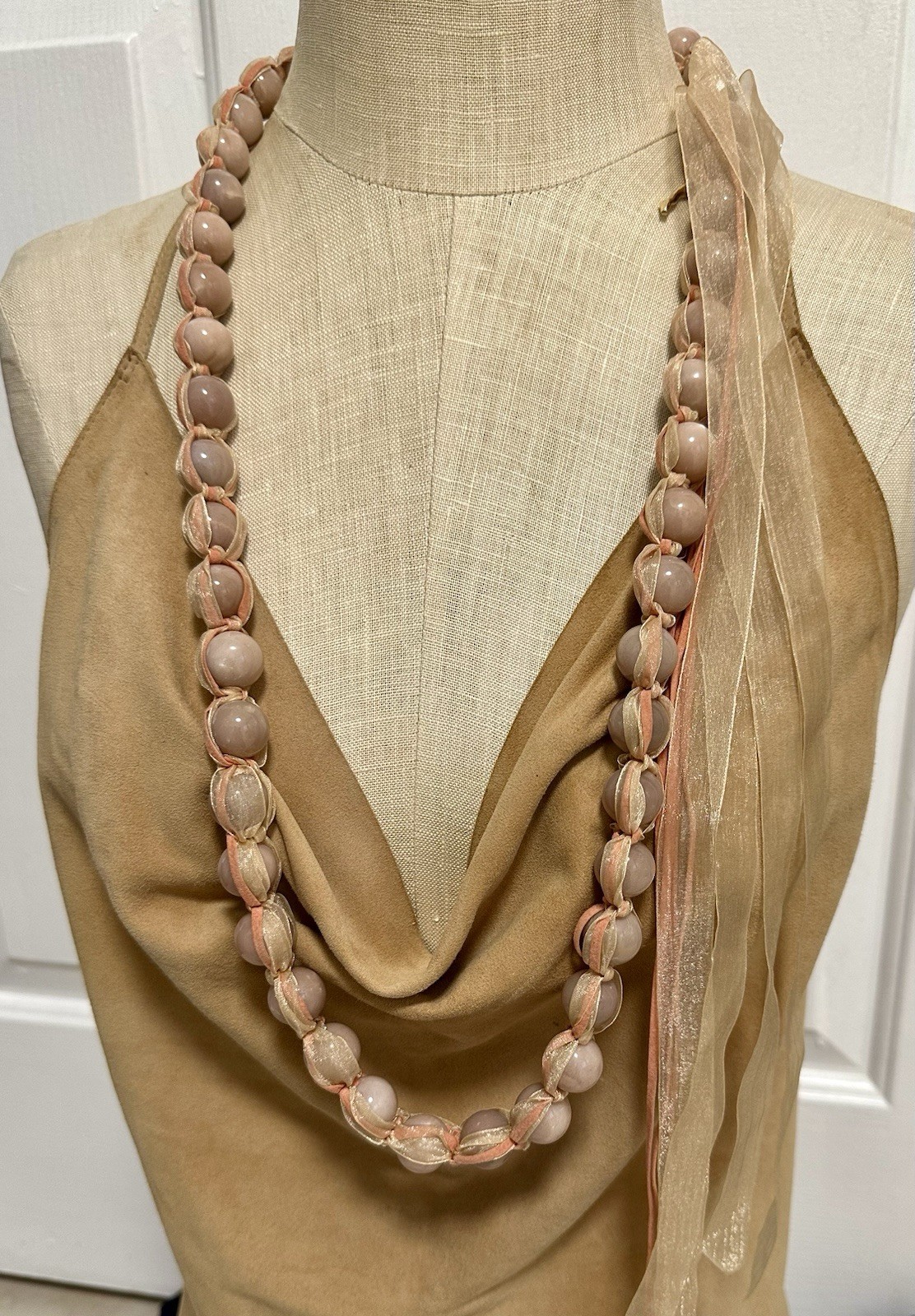 Simon Alcantara Wrapped Pink Quartz Bead Strand Statement Necklace Ribbon Suede