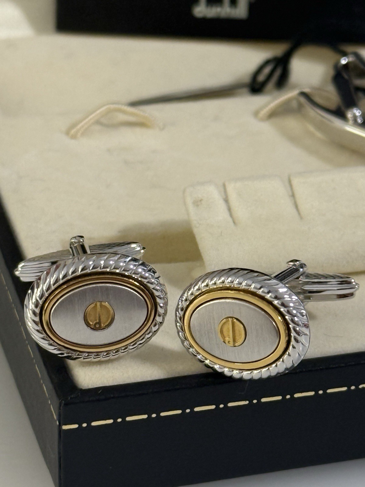 Dunhill Cufflinks & Tie Clip Set Two-Tone Silver Gold Tone Boxed