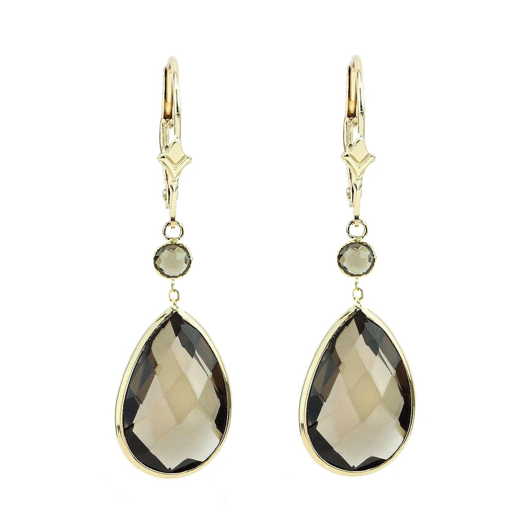 14K Yellow Gold Earrings with Pear Shape and Round Smoky Topaz Drop