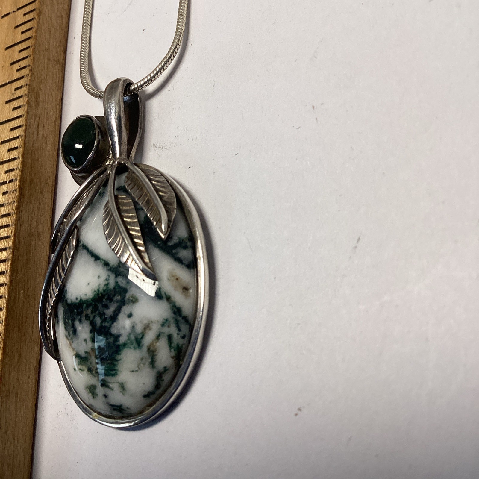 Sajen Pendant Sterling Silver Tree Agate & Jade On Snake Chain