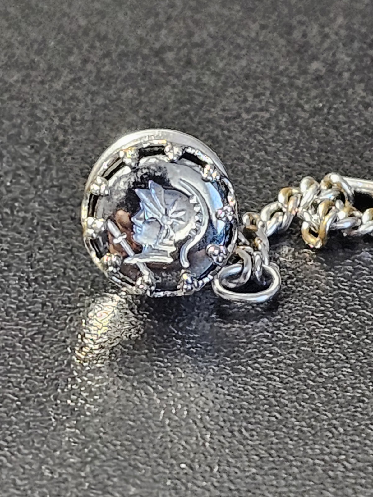 Vintage Silver Tone Tie Tack Stick Pin w/ Dangling Chain Roman Soldier & Sword