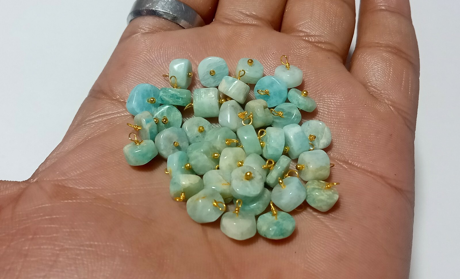 Natural Amazonite Tyre Heishi 6-7mm 24k Gold Plated Wire Wrapped Beads 25 Pecs