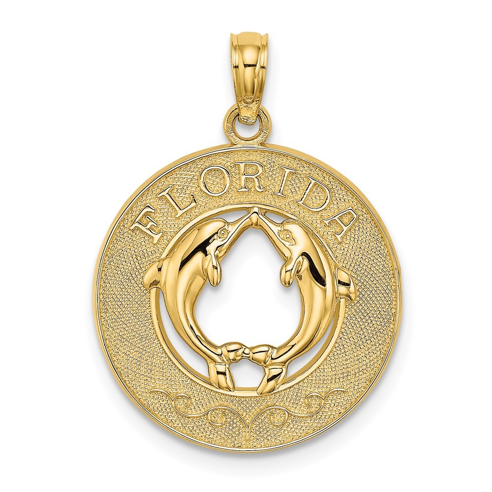 14k Yellow Gold FLORIDA With Dolphins Circle Charm Pendant L-24.7mm