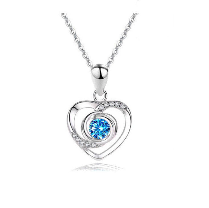 18″ Sterling Silver Blue Diamante Zirconia Heart Love Pendant Necklace Gift A2