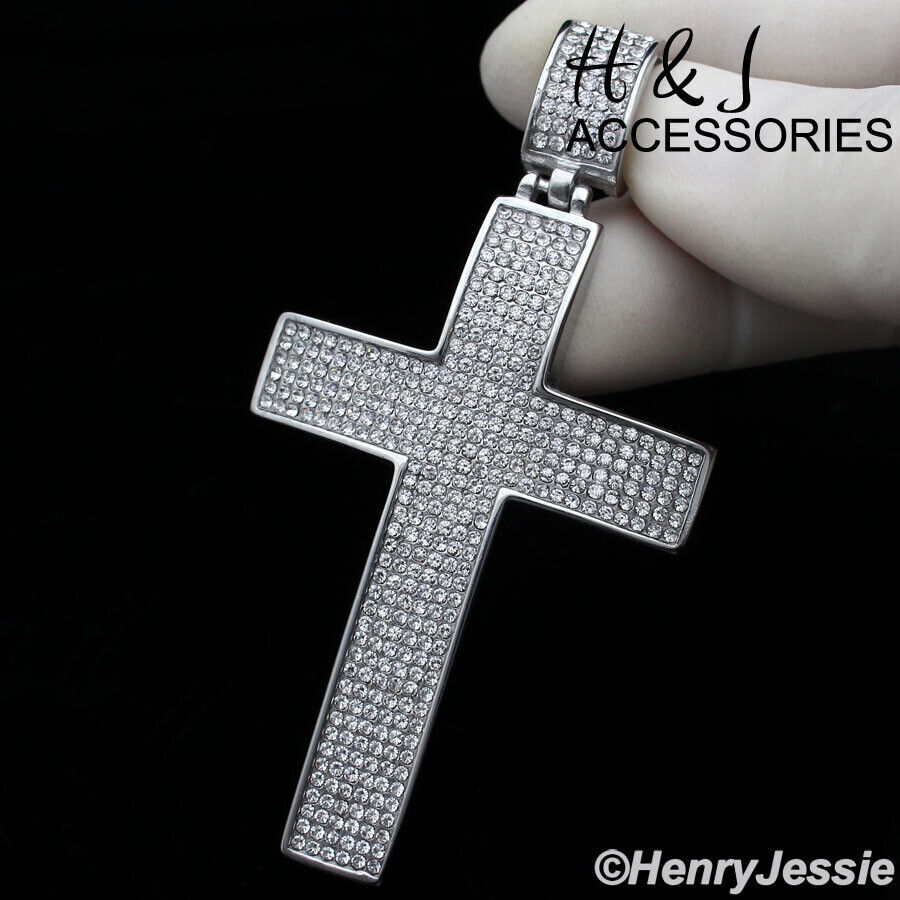 18-40″MEN Stainless Steel 5mm Silver Box Link Necklace ICY CZ Cross Pendant*IP21