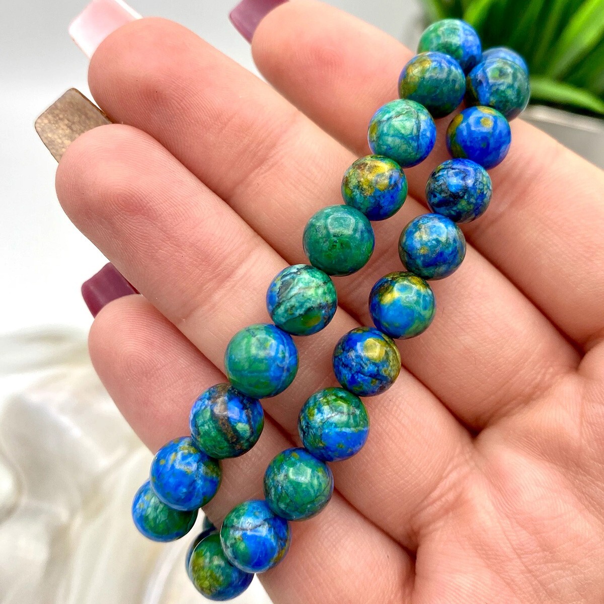 Azurite Malachite Crystal Gemstone Healing Stretch Bracelet 8mm Round Beads