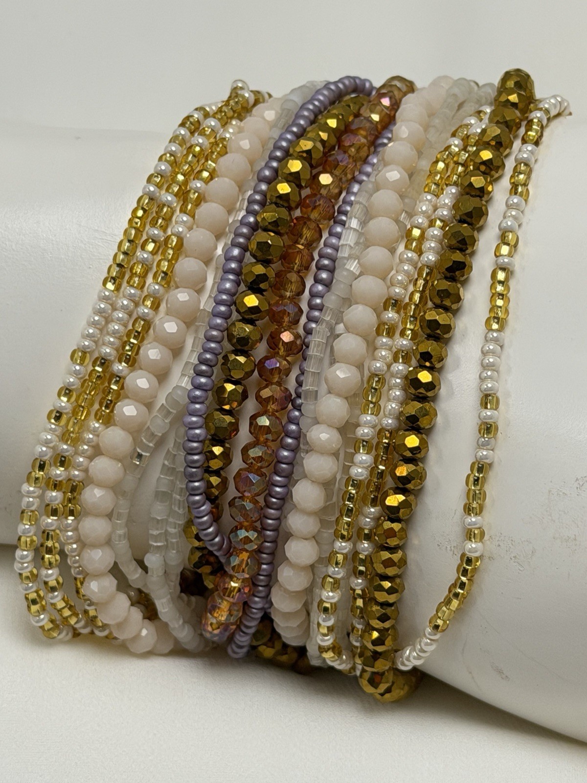 Multicolor Glass Beaded Wrap Bracelet Slide Closure Adjustable Gold/White/Purple