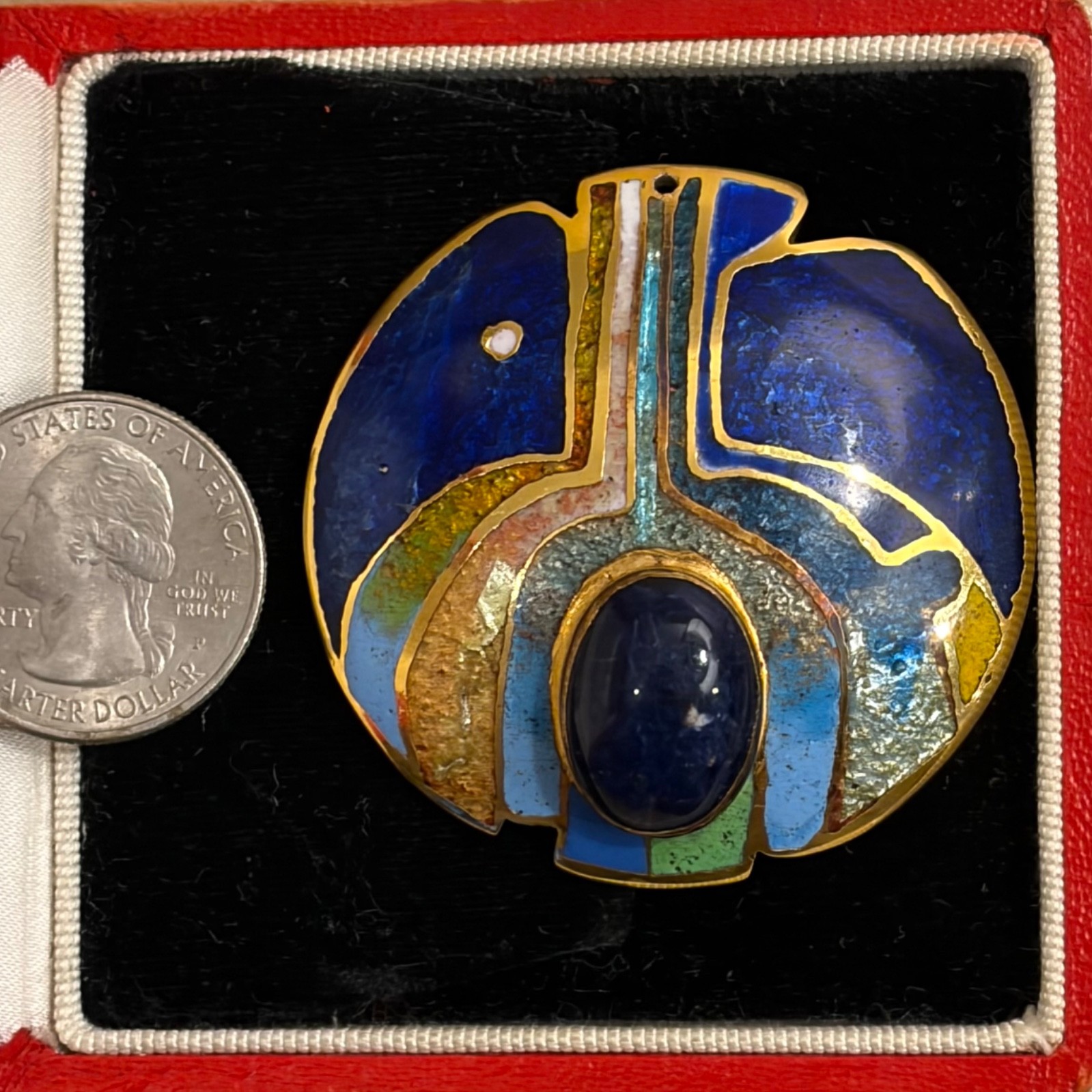 Vintage David Kuo Champleve Enamel Signed Abstract Modernist Oval Pendant