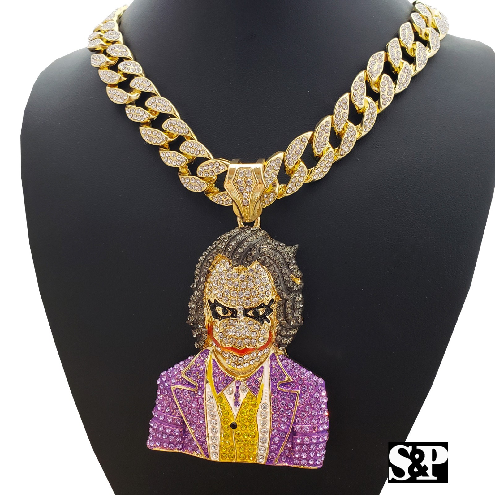 Hip Hop Large JOKER Pendant & 18″ Full Iced Miami Cuban Choker Chain Necklace