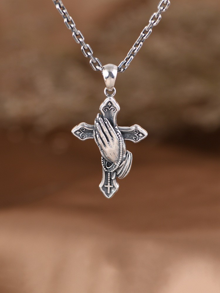 S925 Sterling Silver PRAYING HANDS CROSS Pendant REVERSIBLE Rosary Gothic Mens