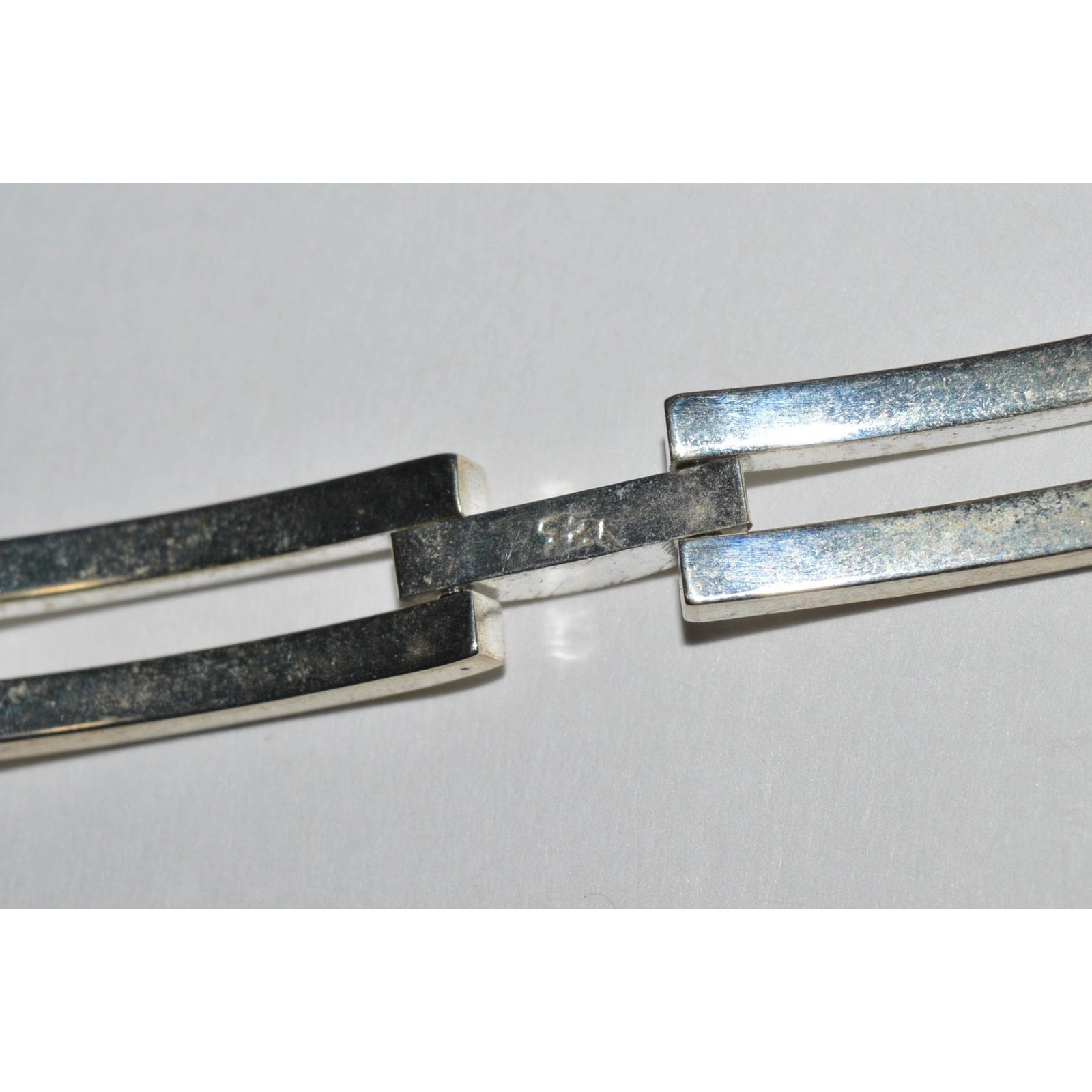 Sterling Silver Link Bracelet, Modernist 5 Link Bracelet Hidden Fold Over Clasp